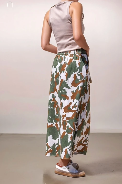 Haki Ekru Kamuflaj Kendinden Desenli Gabardin Çift Cep Beli Lastikli Uzun Etek BCBSK-25700-3553