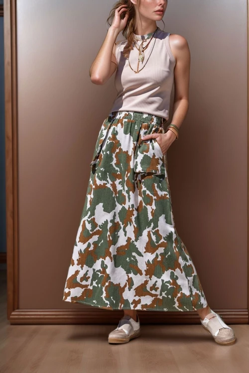 Haki Ekru Kamuflaj Kendinden Desenli Gabardin Çift Cep Beli Lastikli Uzun Etek BCBSK-25700-3553