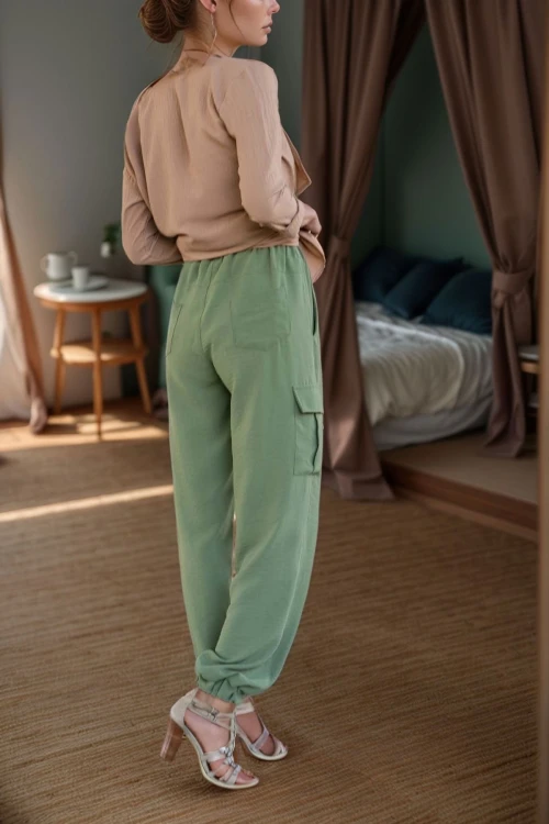 Haki Keten Yanları Cepli Paçası Lastikli Safari Pantolon BCBSK-25700-3230