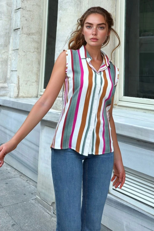 Haki Kolsuz Çizgili Salaş Gömlek BCBSK-25700-3647