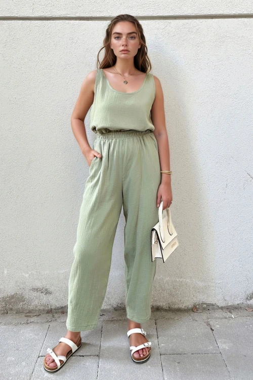 Haki Müslin Beli Lastikli Cepli Salaş Pantolon BCBSK-25700-3416