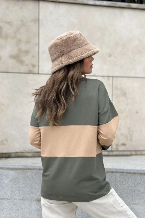 Haki Yakası Fermuarlı Color Block Polo Yaka Salaş Sweatshirt BCBSK-25700-3471