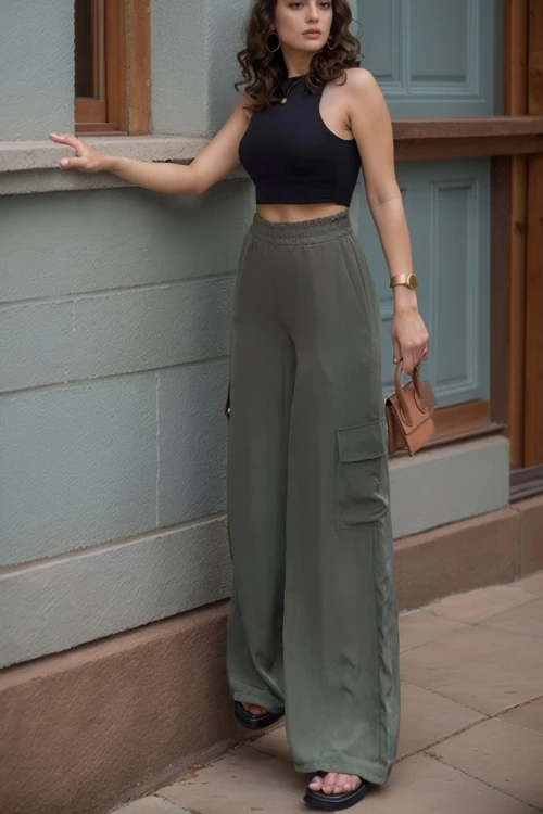 Haki Yanı Cepli Beli Lastikli Bol Paça Salaş Pantolon BCBSK-25700-3600