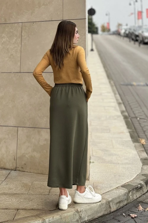 Haki Yüksek Bel Beli Latikli Uzun Etek BCBSK-25700-3503
