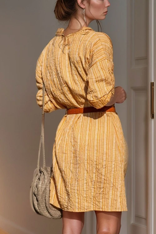 Hardal Çift Cep Çizgili Gömlek Elbise BCBSK-25700-2916