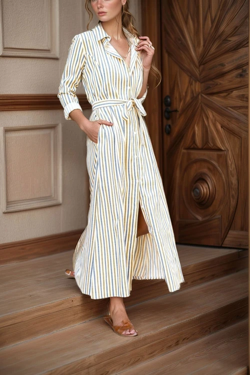 Hardal Kendinden Kemerli Cepli Keten Kiloş Gömlek Elbise BCBSK-25700-3259