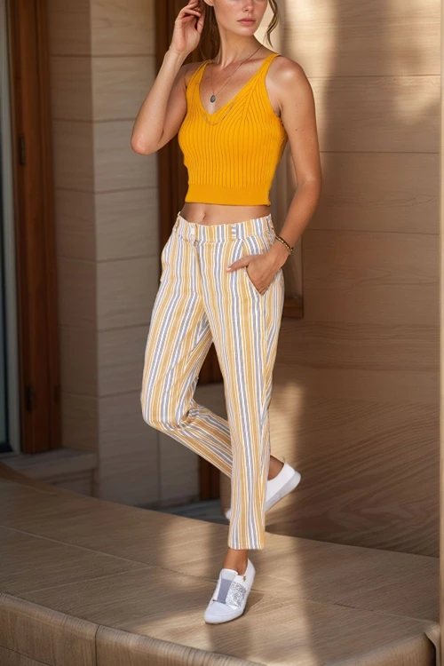 Hardal Keten Cepli Düğmeli Boru Paça Havuç Pantolon BCBSK-25700-3394