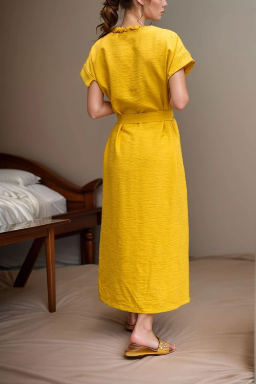 Hardal Keten Önden Yırtmaçlı Kendinden Kemerli Uzun Elbise BCBSK-25700-3221