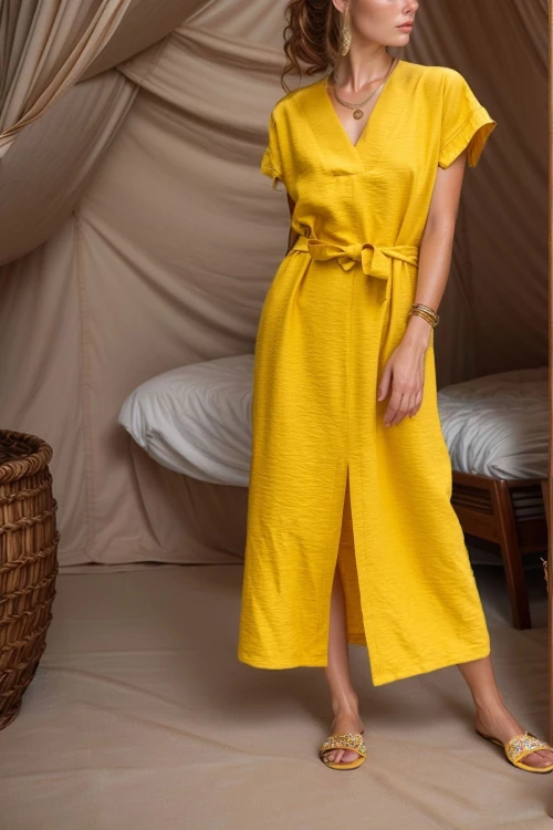 Hardal Keten Önden Yırtmaçlı Kendinden Kemerli Uzun Elbise BCBSK-25700-3221