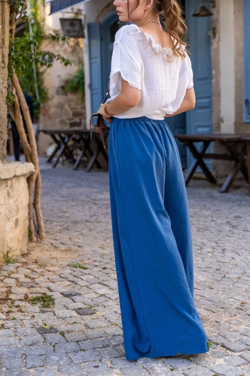 İndigo Beli Lastikli Cepli Bol Paça Yumuşak Dokulu Salaş Pantolon BCBSK-25700-3391