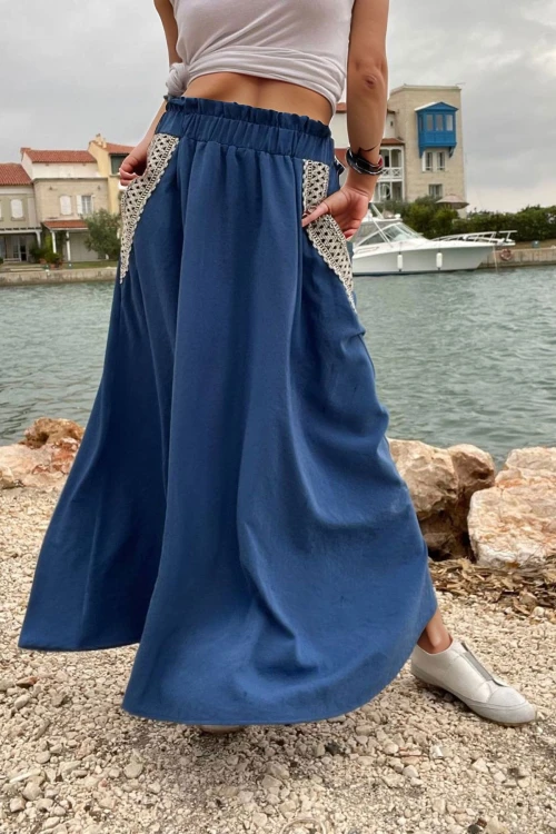 İndigo Cebi Hasır Detaylı Beli Lastikli Salaş Etek BCBSK-25700-3389