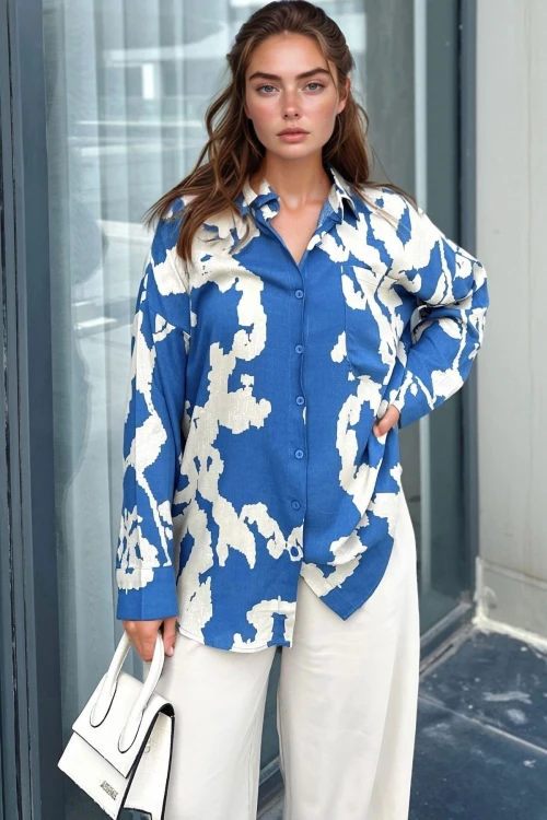 İndigo Desenli Oversize Uzun Kollu Gömlek BCBSK-25700-3457