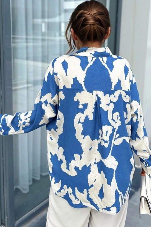 İndigo Desenli Oversize Uzun Kollu Gömlek BCBSK-25700-3457