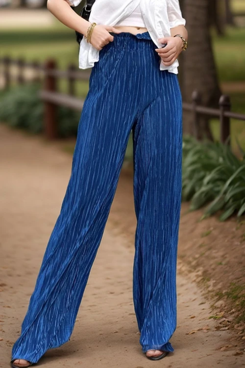 İndigo Kendinden Dokulu Beli Lastikli Bol Paça Salaş Pantolon BCBSK-25700-3578