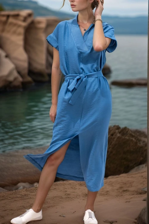 İndigo Keten Önden Yırtmaçlı Kendinden Kemerli Uzun Elbise BCBSK-25700-3221