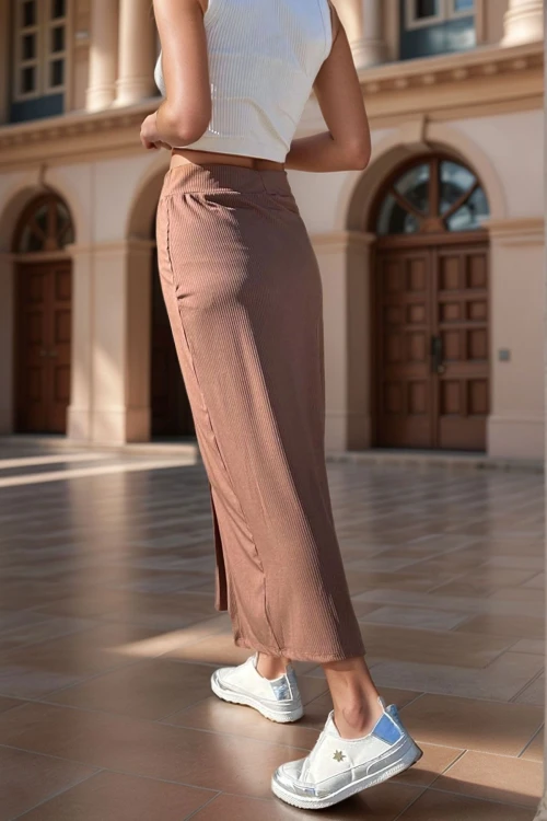 Kahve Beli Lastikli Düğmeli Yırtmaçlı Kaşkorse Etek BCBSK-25700-3599