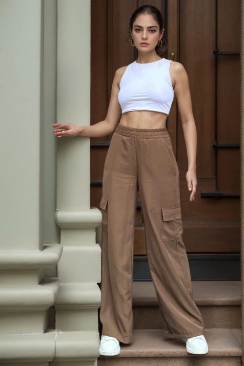 Kahve Yanı Cepli Beli Lastikli Bol Paça Salaş Pantolon BCBSK-25700-3600