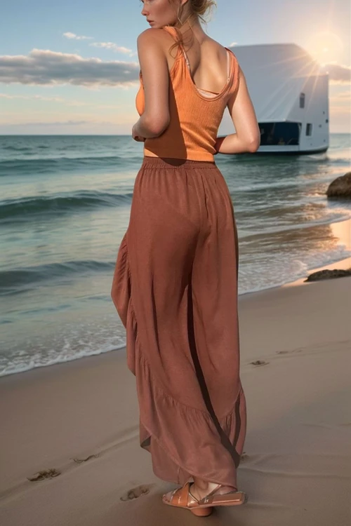 Kahve Yanı Fırfırlı Yırtmaçlı Beli Lastikli Belmando Salaş Şalvar Pantolon BCBSK-25700-3635