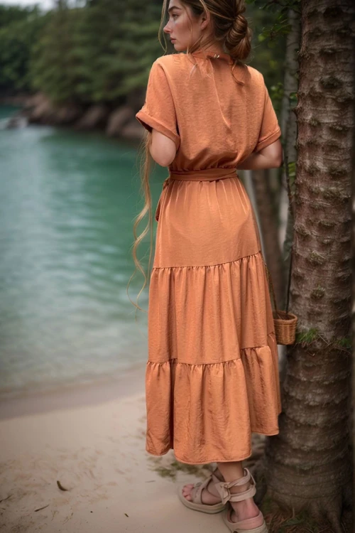 Kahve Yarım Patlı Eteği Piliseli Kendinden Kemerli Salaş Elbise BCBSK-25700-3336