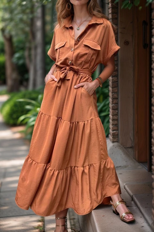 Kahve Yarım Patlı Eteği Piliseli Kendinden Kemerli Salaş Elbise BCBSK-25700-3336