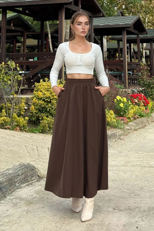 Kahve Yüksek Bel Lastikli Uzun Etek BCBSK-25700-3676