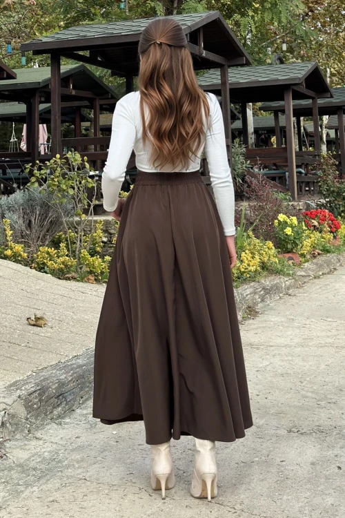 Kahve Yüksek Bel Lastikli Uzun Etek BCBSK-25700-3676