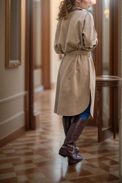 Karamel Kendinden Kemerli Çift Cepli Düğmeli Kaban BCBSK-25700-3280