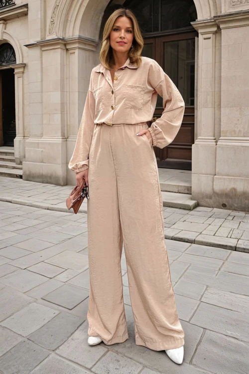 Karamel Yarım Patlı Beli Lastikli Bol Paça Cepli Salaş Tulum BCBSK-25700-3360