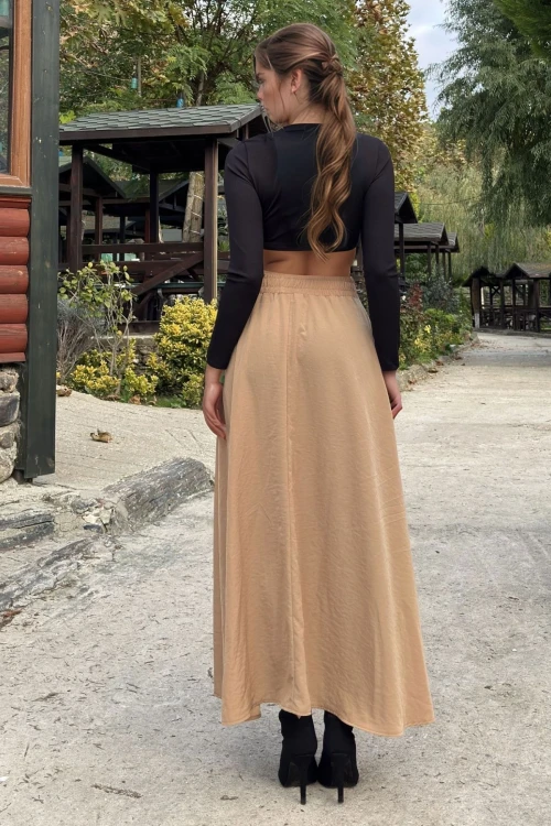 Karamel Yüksek Bel Lastikli Uzun Etek BCBSK-25700-3676