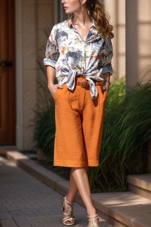 Kiremit Cepli Duble Paça Keten Bermuda Şort BCBSK-25700-2912