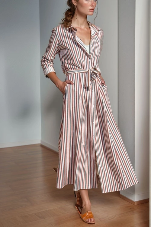 Kiremit Kendinden Kemerli Cepli Keten Kiloş Gömlek Elbise BCBSK-25700-3259