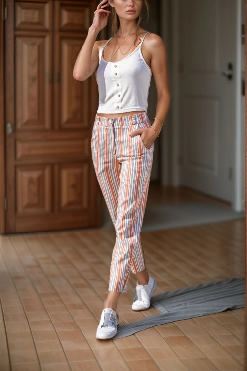 Kiremit Keten Cepli Düğmeli Boru Paça Havuç Pantolon BCBSK-25700-3394