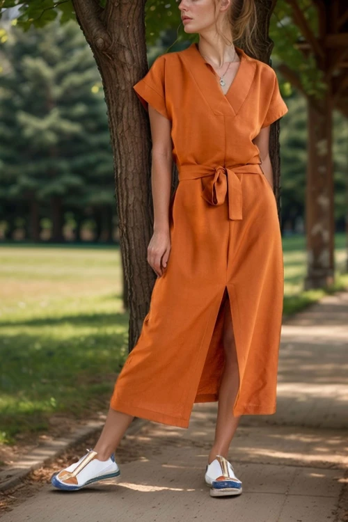 Kiremit Keten Önden Yırtmaçlı Kendinden Kemerli Uzun Elbise BCBSK-25700-3221