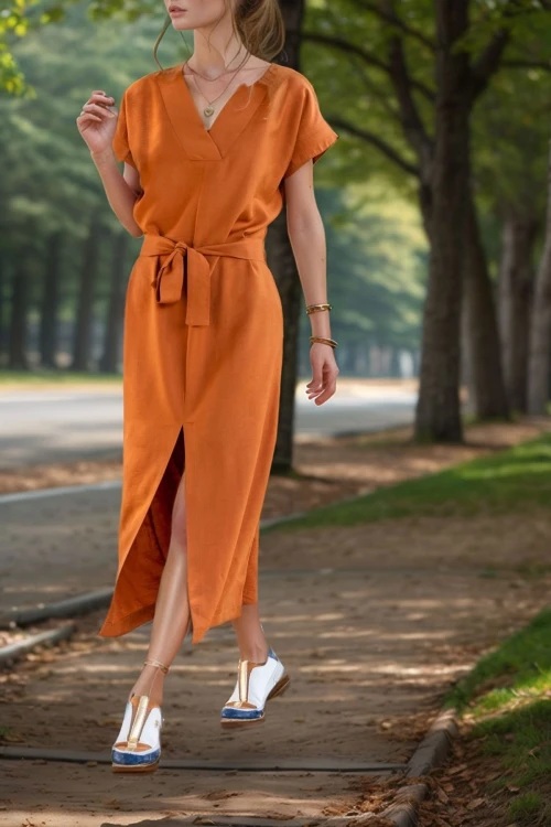 Kiremit Keten Önden Yırtmaçlı Kendinden Kemerli Uzun Elbise BCBSK-25700-3221