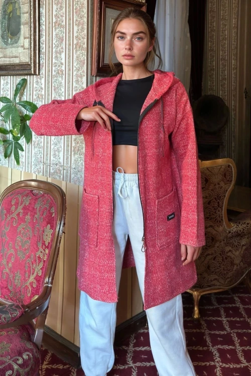 Kırmızı Fermuarlı Kapüşonlu Uzun Ceket BCBSK-25700-3690