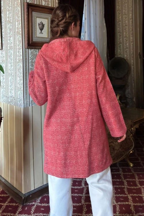 Kırmızı Fermuarlı Kapüşonlu Uzun Ceket BCBSK-25700-3690