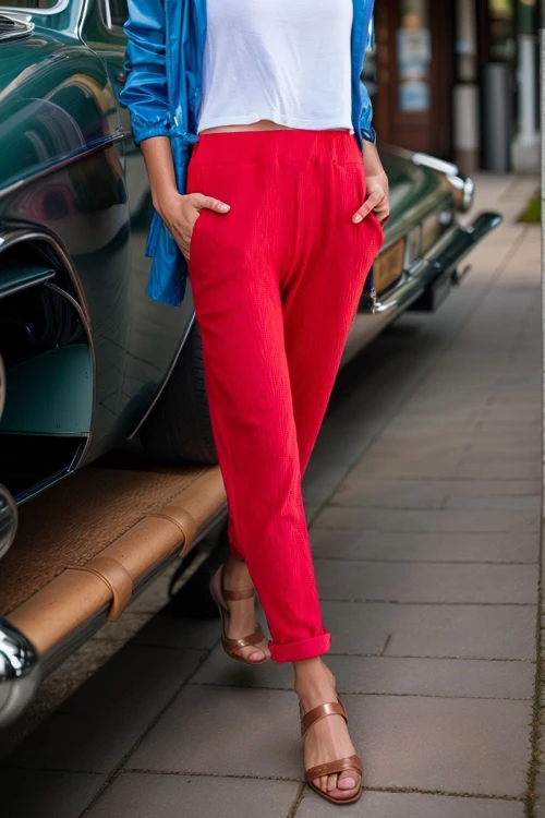 Kırmızı Kendinden Dokulu Beli Lastikli Cepli Pantolon BCBSK-25700-3273