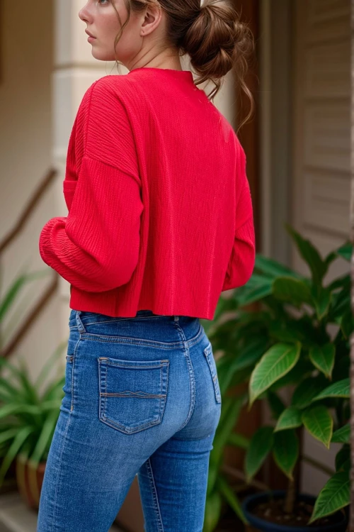 Kırmızı Kendinden Dokulu Cepli Crop Salaş Sweatshirt BCBSK-25700-3321