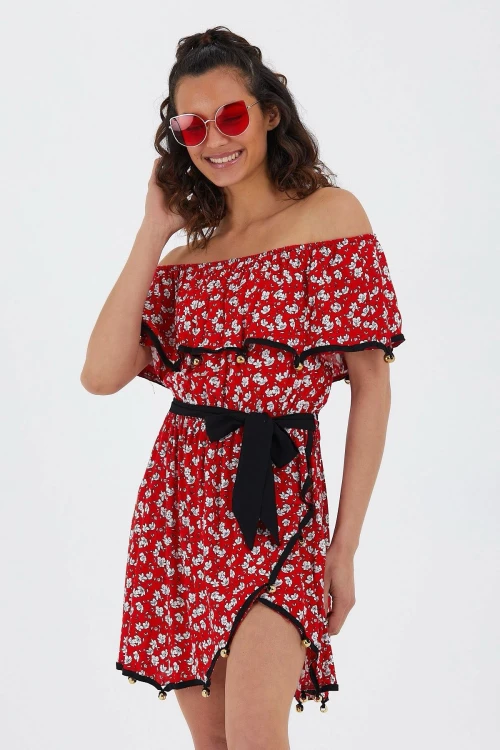 Kırmızı Madonna Yaka Desenli Volanlı Dokuma Elbise BCVL-251000ELB