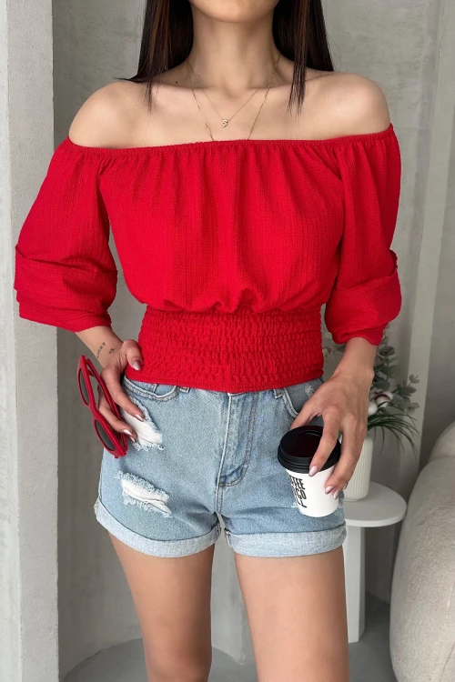 Kırmızı Madonna Yaka Gipeli Bluz BCDF-252197