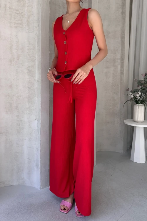 Kırmızı V Yaka Düğmeli Yelek Ve Pantolon Takım BCDF-252190-1
