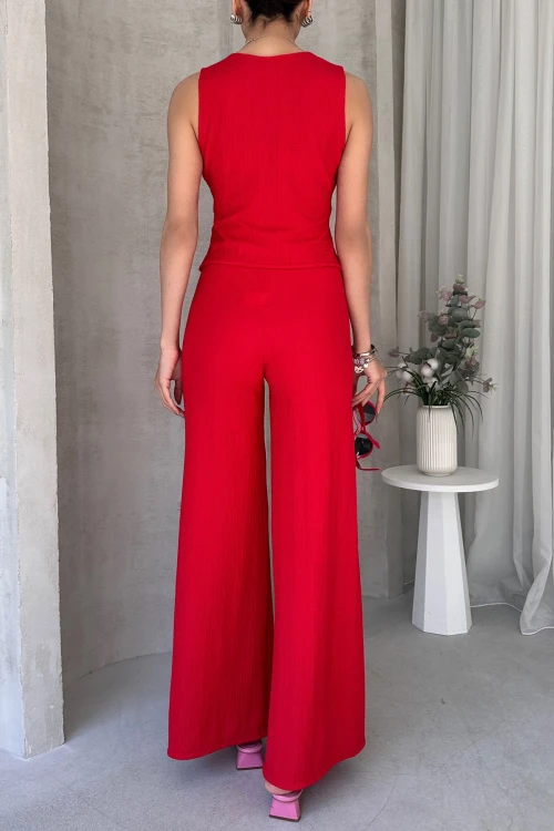 Kırmızı V Yaka Düğmeli Yelek Ve Pantolon Takım BCDF-252190-1