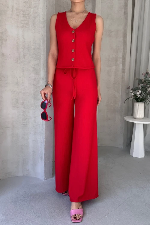Kırmızı V Yaka Düğmeli Yelek Ve Pantolon Takım BCDF-252190-1