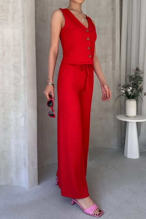 Kırmızı V Yaka Düğmeli Yelek Ve Pantolon Takım BCDF-252190-1