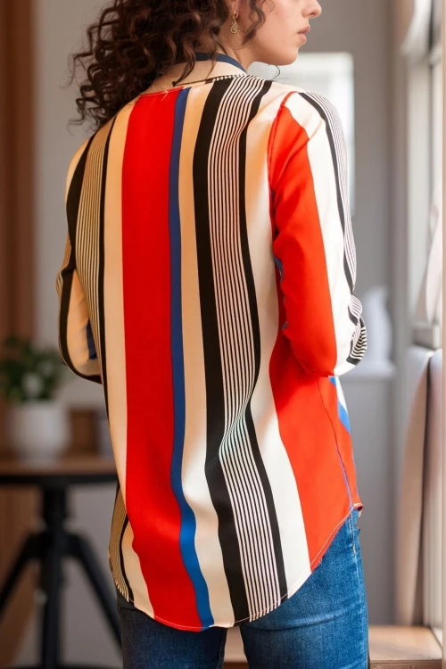 Kırmızı Yakası Yırtmaçlı Çizgili Krep Bluz BCBSK-25700-2752