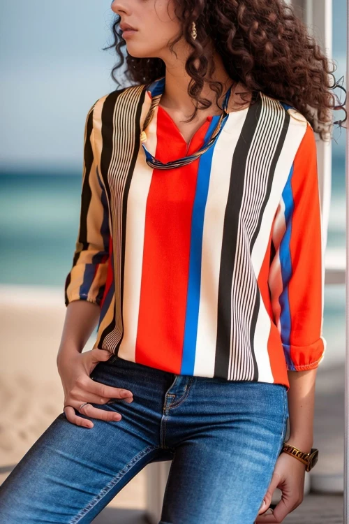 Kırmızı Yakası Yırtmaçlı Çizgili Krep Bluz BCBSK-25700-2752