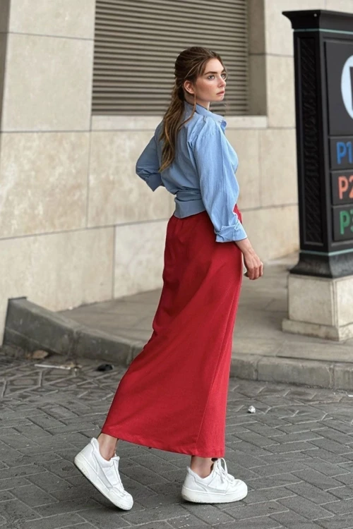 Kırmızı Yüksek Bel Beli Latikli Uzun Etek BCBSK-25700-3503