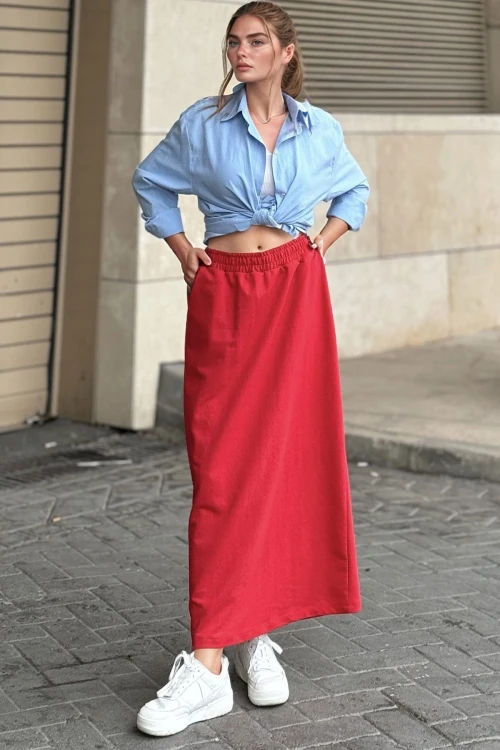 Kırmızı Yüksek Bel Beli Latikli Uzun Etek BCBSK-25700-3503