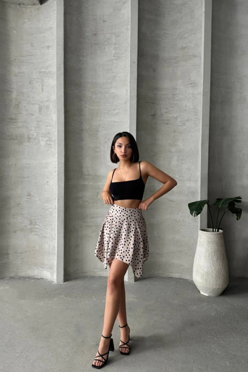Krem Asimetrik Kesim Puantiyeli Etek BCHN-2525900