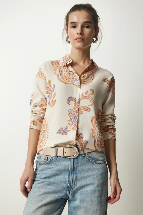 Krem Uzun Kollu Düğmeli Gömlek BCBSK-25700-K7615